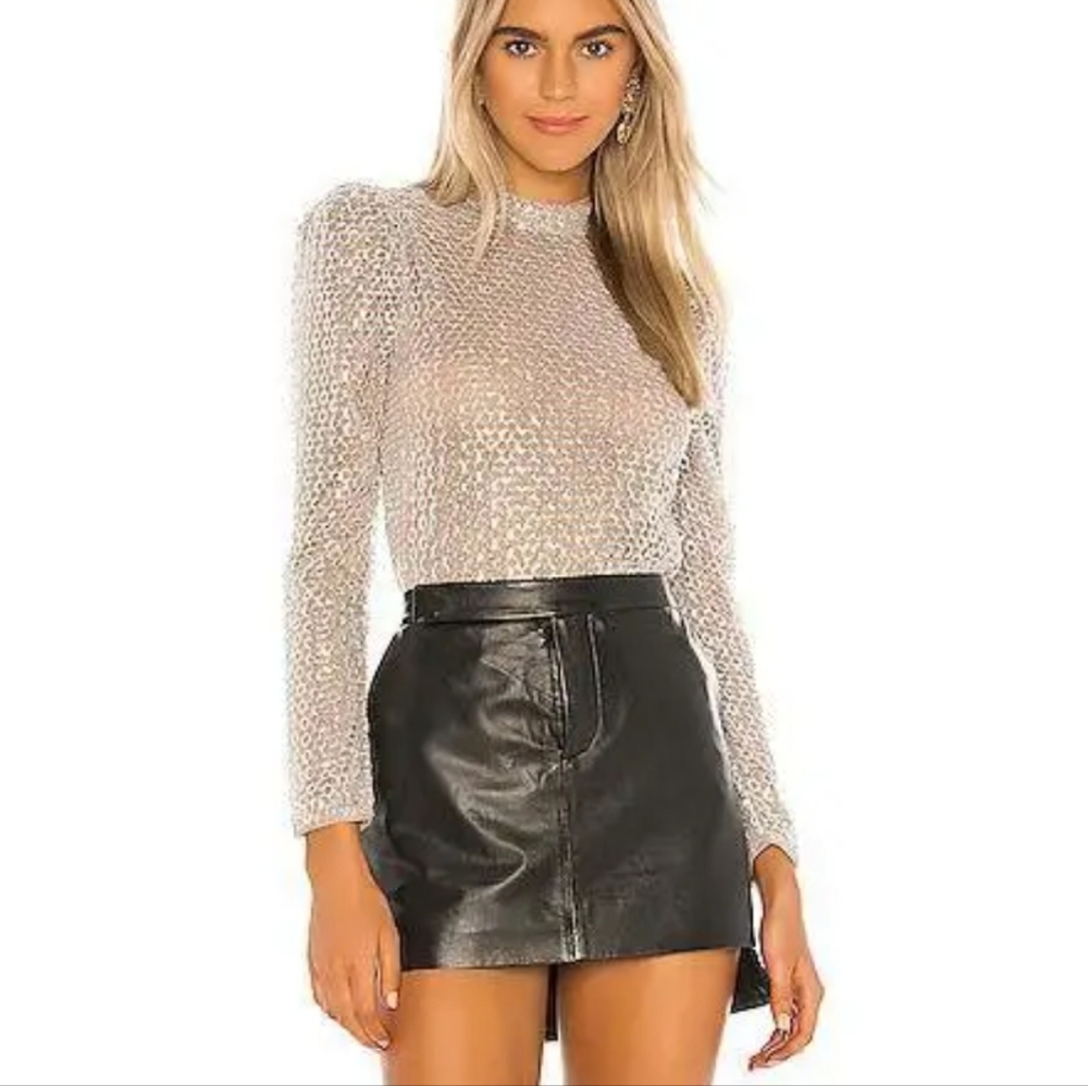 Camila Coelho Sheer Metallic Knit Long-Sleeve Top in Silver